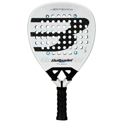 The Bullpadel Vertex 05 2026 Padel Racket in white and black features a high-performance design with a black handle, circular holes on the hitting surface, and a prominent stylized "B" logo across the face.