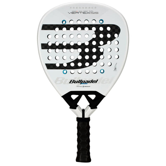The Bullpadel Vertex 05 2026 Padel Racket in white and black features a high-performance design with a black handle, circular holes on the hitting surface, and a prominent stylized "B" logo across the face.