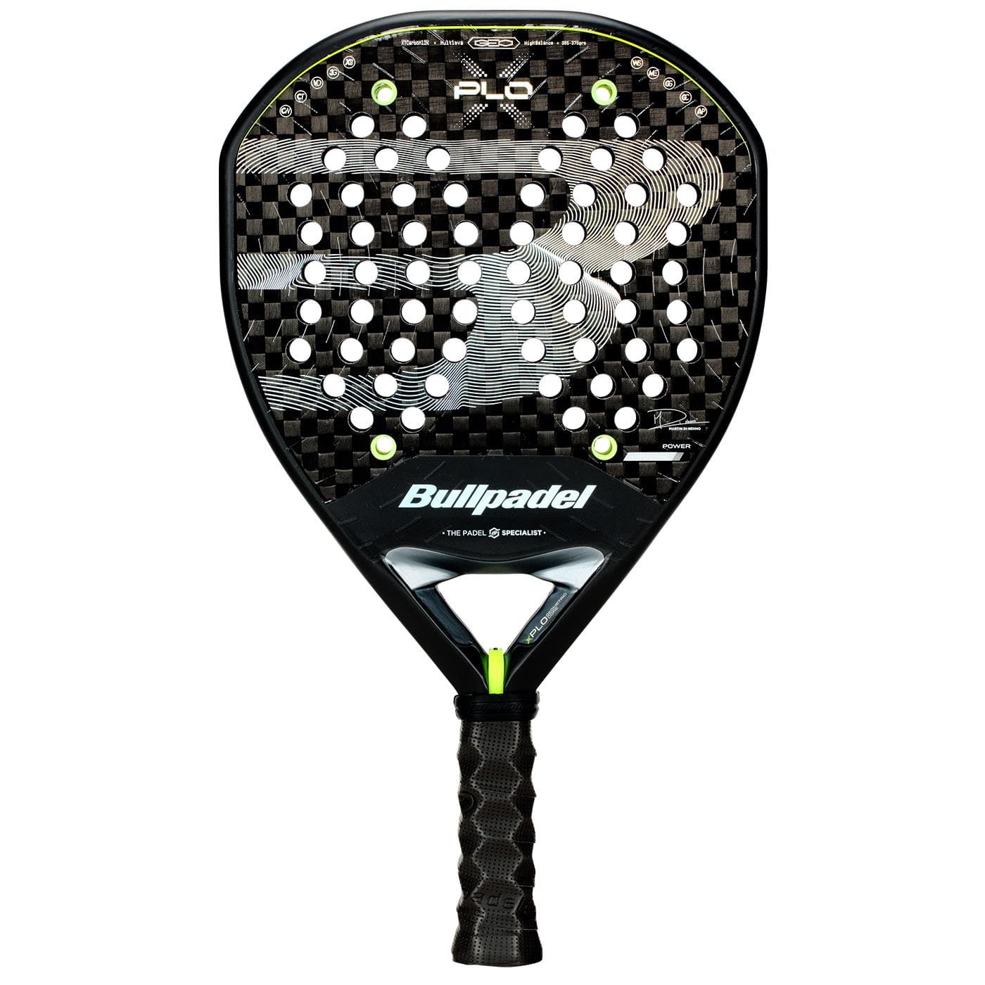 The Bullpadel XPLO 2026 Padel Racket in black features a textured surface, circular holes, and carbon fiber pattern. Its black grip tape handle offers control and power, making it ideal for professional players.