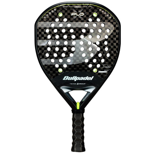 The Bullpadel XPLO 2026 Padel Racket in black features a textured surface, circular holes, and carbon fiber pattern. Its black grip tape handle offers control and power, making it ideal for professional players.