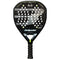 The Bullpadel XPLO 2026 Padel Racket in black features a textured surface, circular holes, and carbon fiber pattern. Its black grip tape handle offers control and power, making it ideal for professional players.