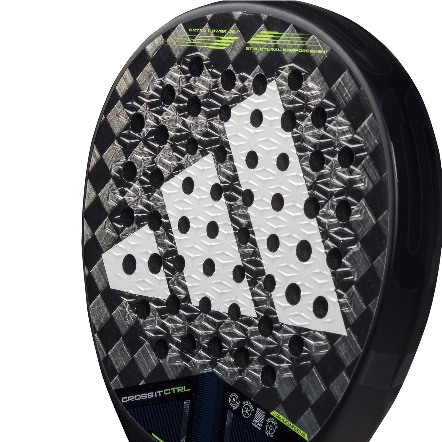 Close-up of an ADIDAS Cross It CTRL 3.4 padel racket in black and grey, showcasing a checkered design with a large white logo at the center. This racket is for advanced players seeking control, featuring Carbon 15K technology and "CROSSBIT CTRL" elements on its surface.