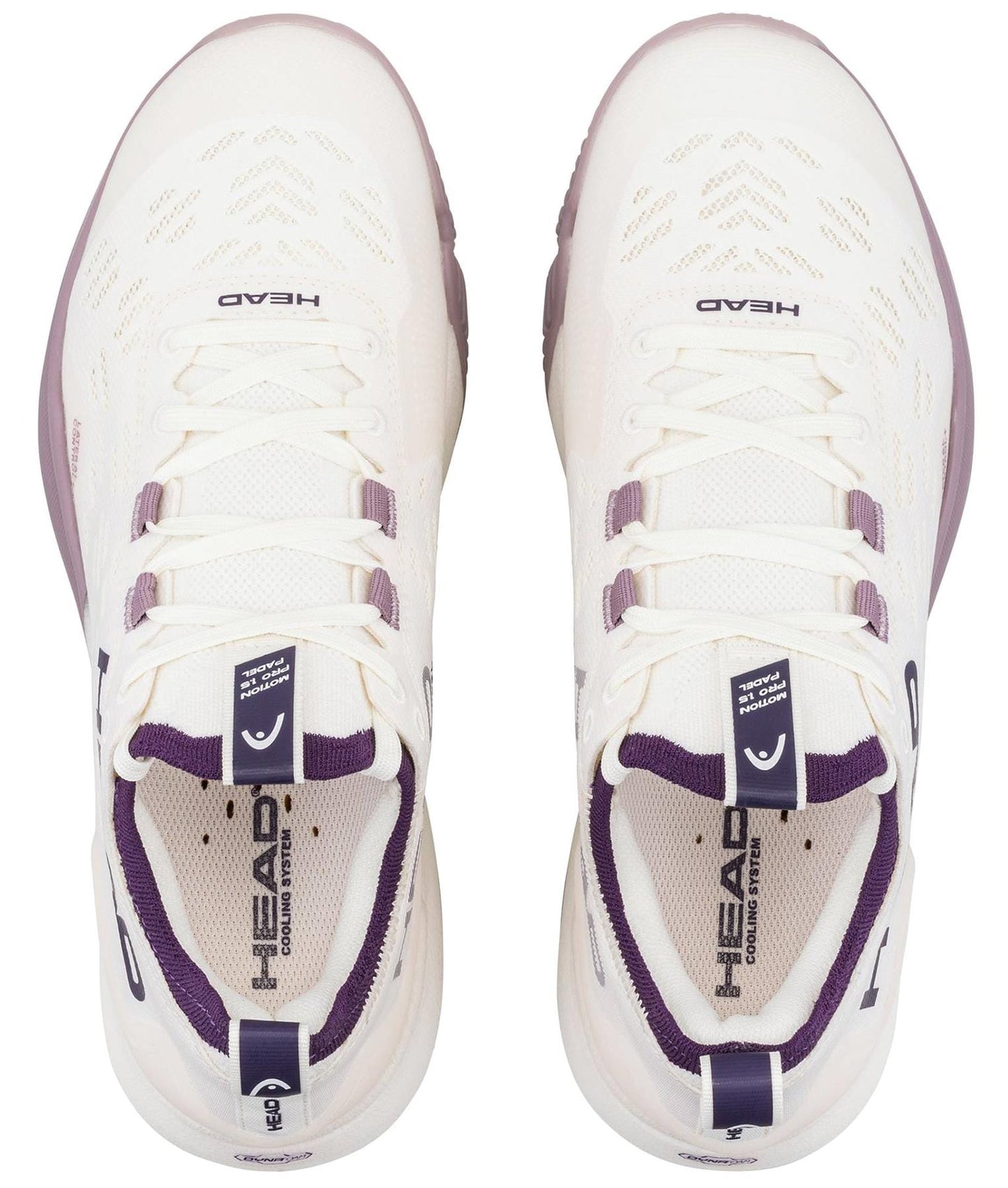 The HEAD Motion Pro 1.5 Womens Padel Shoes in Chalk White/Purple feature white laces, a mesh-style upper, and prominent HEAD branding on the tongue and insole, shown from above.