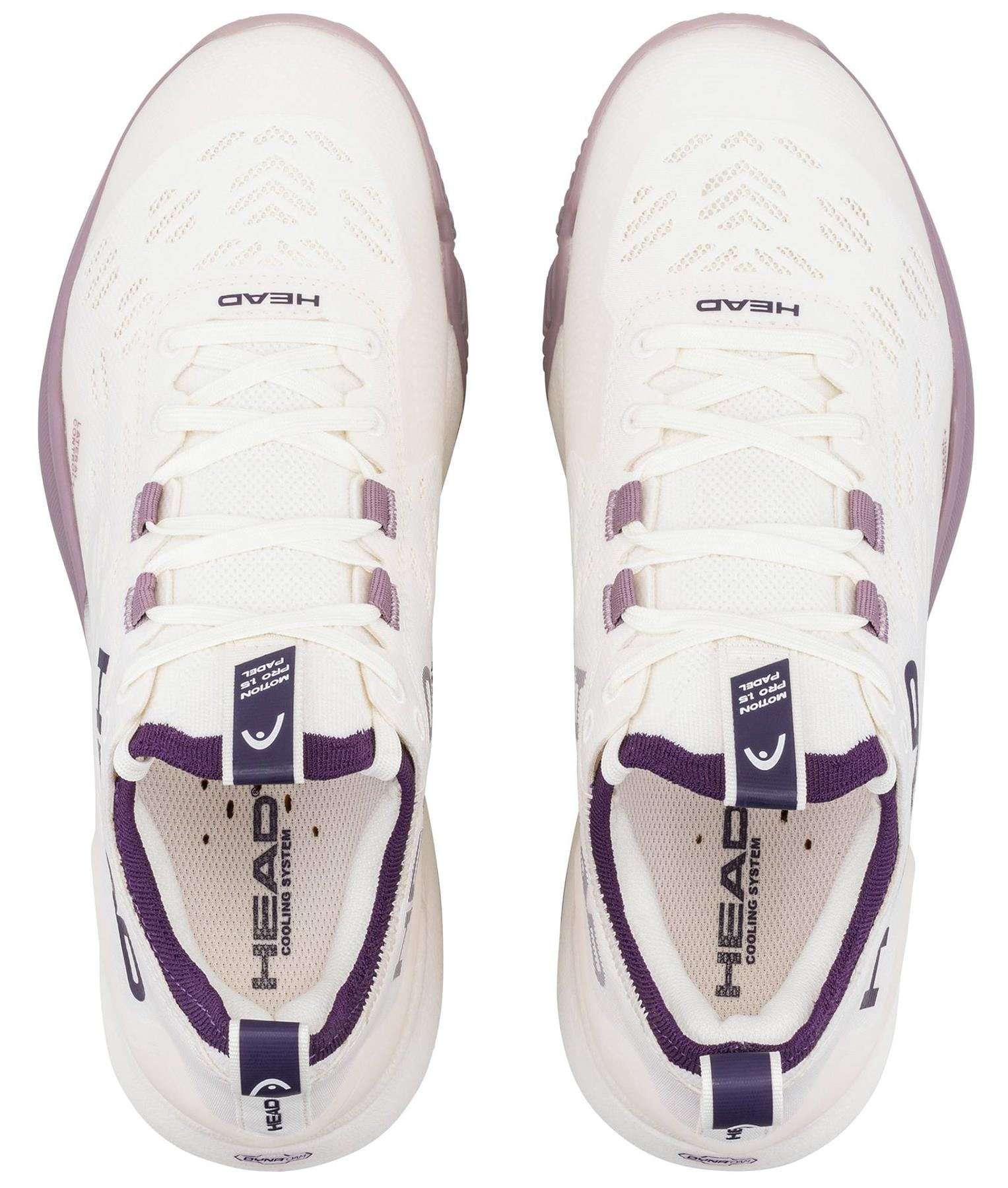 The HEAD Motion Pro 1.5 Womens Padel Shoes in Chalk White/Purple feature white laces, a mesh-style upper, and prominent HEAD branding on the tongue and insole, shown from above.