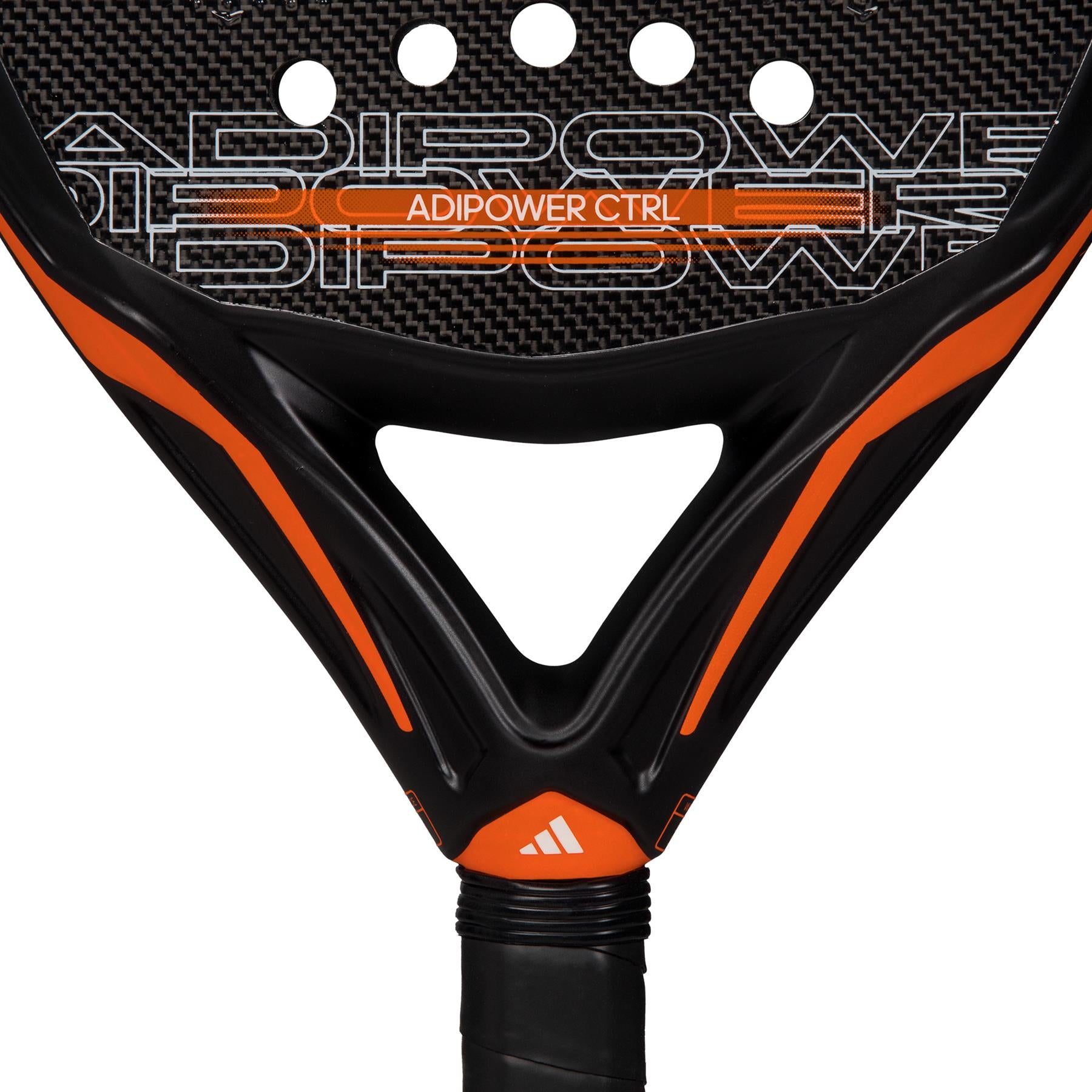 A close-up of the adidas ADIDAS Adipower CTRL 3.3 Padel Racket in Black and Orange highlights its Carbon Fiber 3K construction.