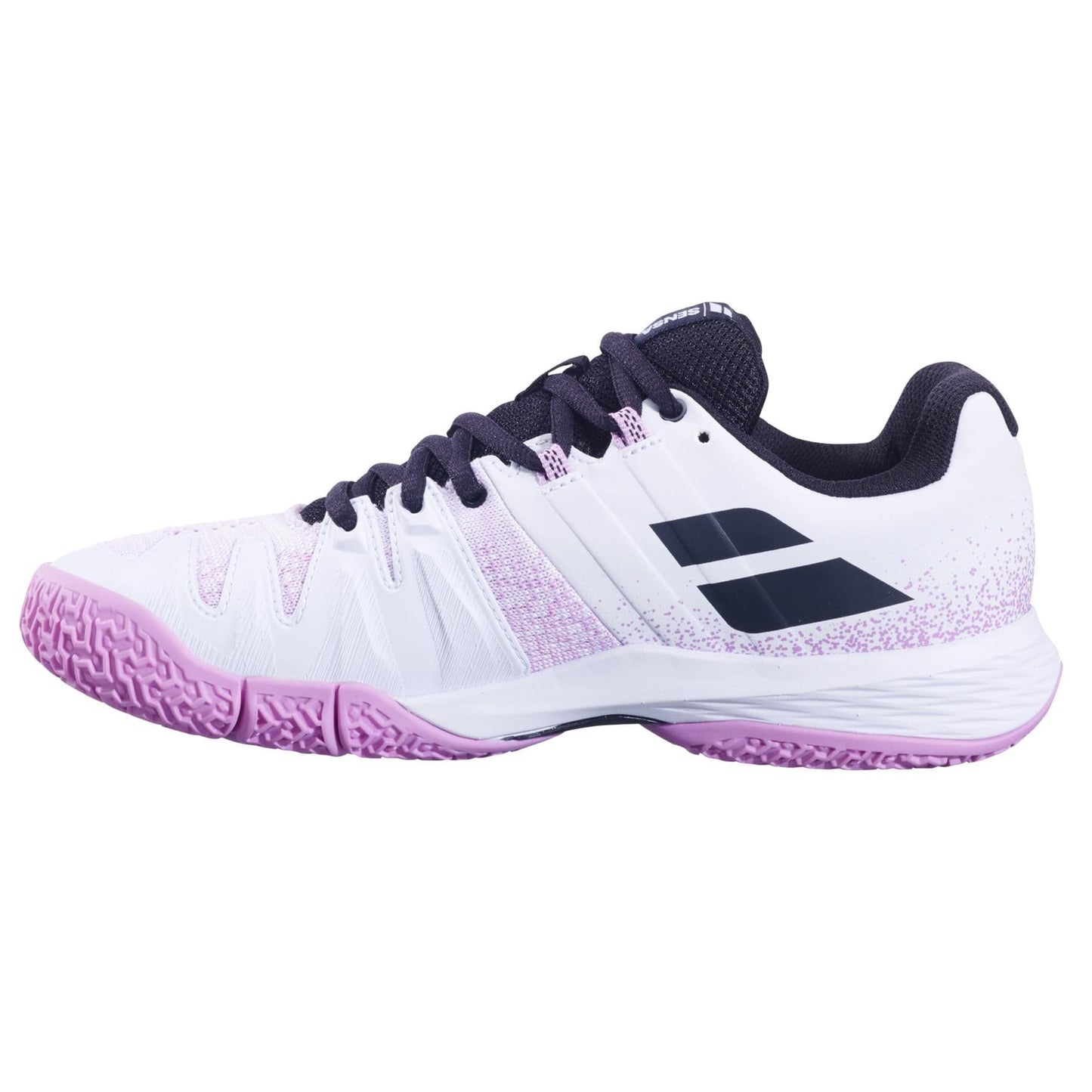 The Babolat Sensa Womens Padel Shoes in White/Lilac feature purple laces, a speckled midsole, a textured purple Michelin rubber outsole, and a black side logo—offering style and performance for padel players.