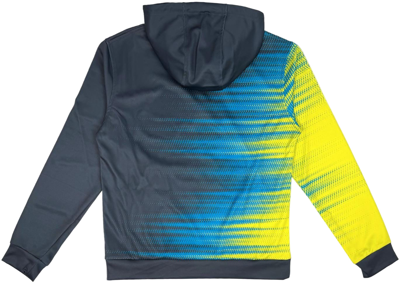 The Yonex YHD2025 Unisex Padel Hoodie in Teal/Lime features a dark gray Poly-Tech Knit fabric with blue and yellow gradient dots fading across the back and left sleeve.