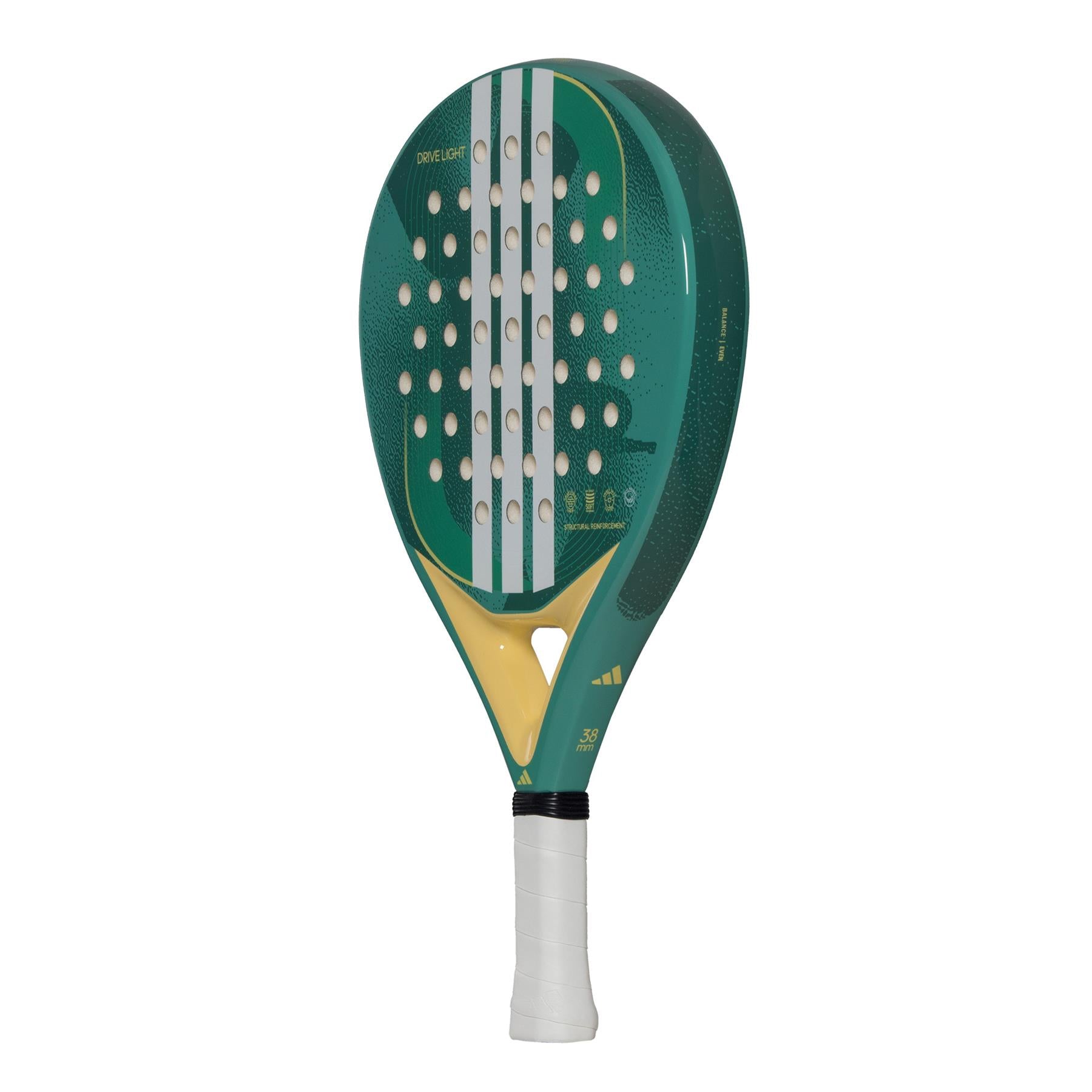 The adidas ADIDAS Drive Light 3.4 Padel Racket in powder teal features a lightweight, beginner-friendly design, with textured surface and perforated holes. It has three vertical white stripes in the center and a handle wrapped in white grip tape with slightly curved edges for easy handling.