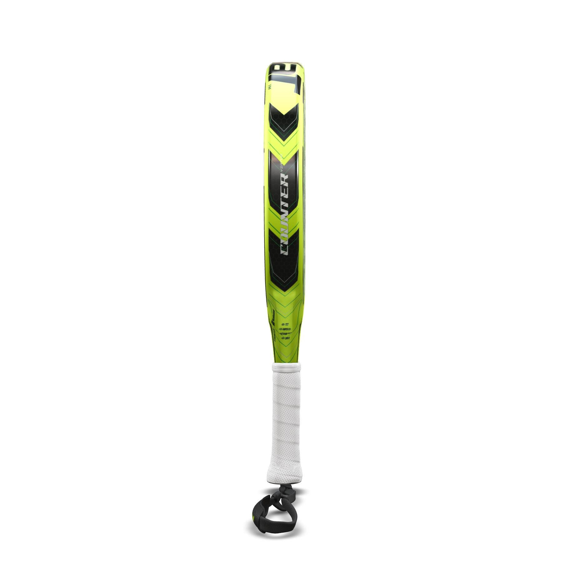 A yellow and black padel racket with a distinctive design, featuring the "Babolat" branding prominently displayed. Positioned upright against a plain white backdrop, it provides effortless power while ensuring excellent vibration absorption for a smoother swing.