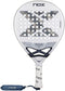 The NOX AT10 Genius 12K Alum Extrem Lite By Agustín Tapia 2026 Padel Racket features a white/gray design with circular holes, black X graphic, NOX branding, Weight Balance system, white grip tape handle, and a safety strap.