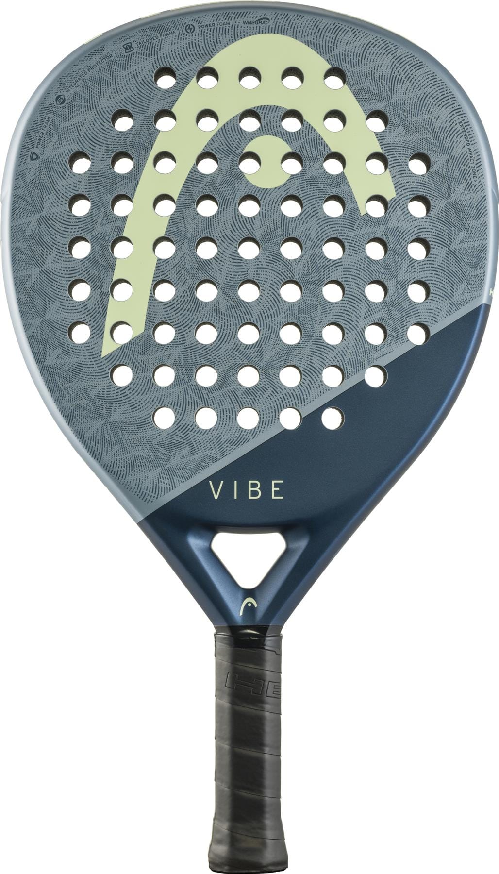 The HEAD Vibe 2026 Blue/Yellow Padel Racket features a fibreglass hitting surface, yellow logo, black grip, perforated face, and “VIBE” printed near the handle.