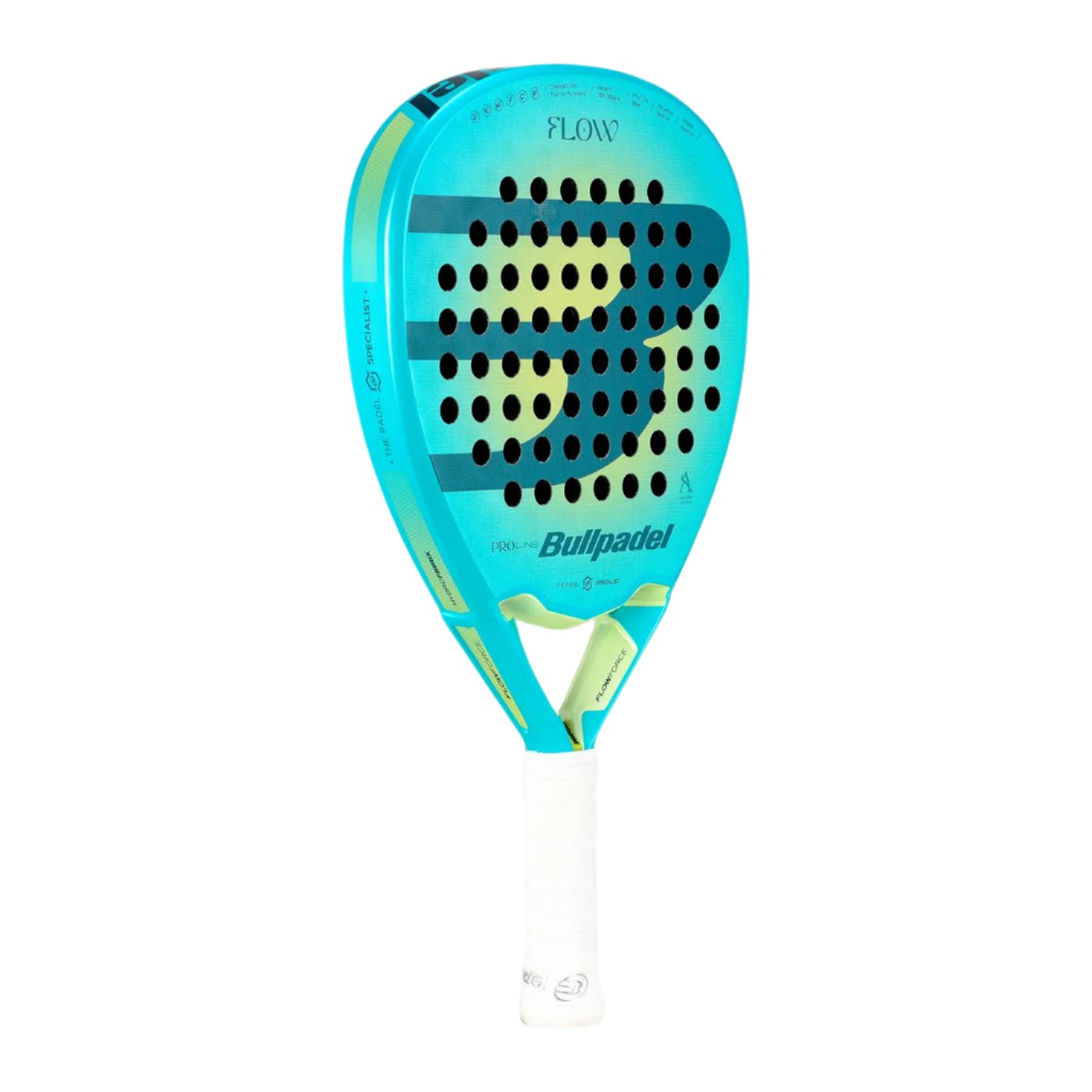 The Bullpadel Flow W 2025 padel racket highlights a contemporary, angular design in blue with yellow accents. It features black dot perforations and has a sleek white grip. The brand "Bullpadel" is prominently displayed on the front, with intricate text along the frame that embodies both style and precision.