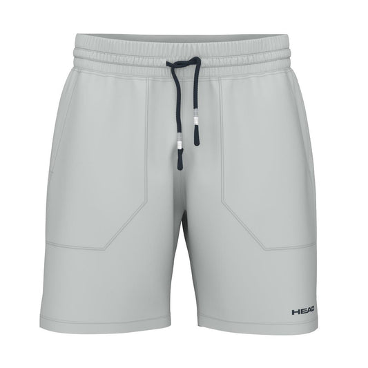 These light gray HEAD Performance Men's Play Padel Shorts boast a 4-way stretch, elastic waistband, and adjustable drawstring. They feature moisture transfer microfiber with subtle pocket stitching and the brand logo printed in black on one leg.