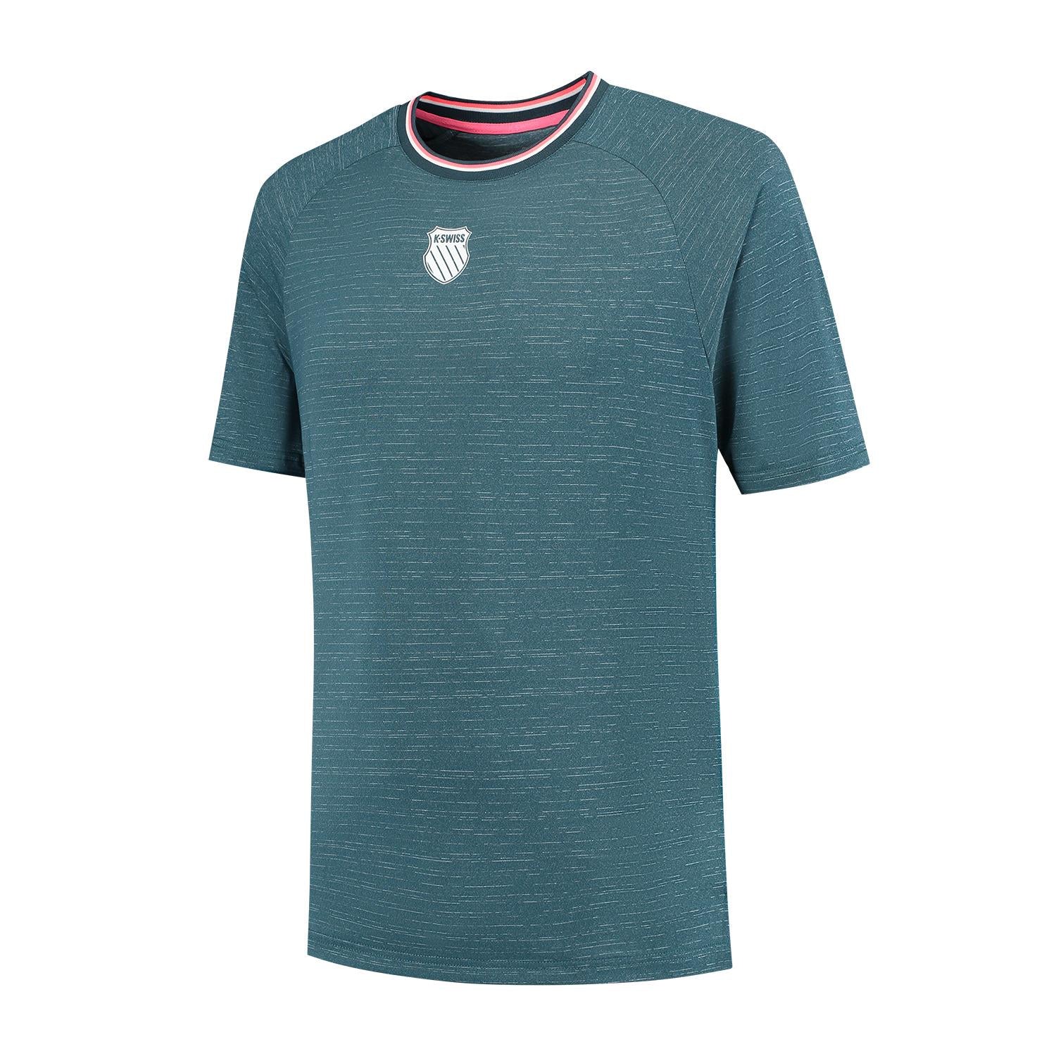 Introducing the K-Swiss Hypercourt Men's Melange 3 Padel T-Shirt in Stargazer: A teal athletic tee for performance players with a horizontal textured pattern. The round neck features red, white, and blue stripes inside the collar, complemented by a white crest logo on the left chest.
