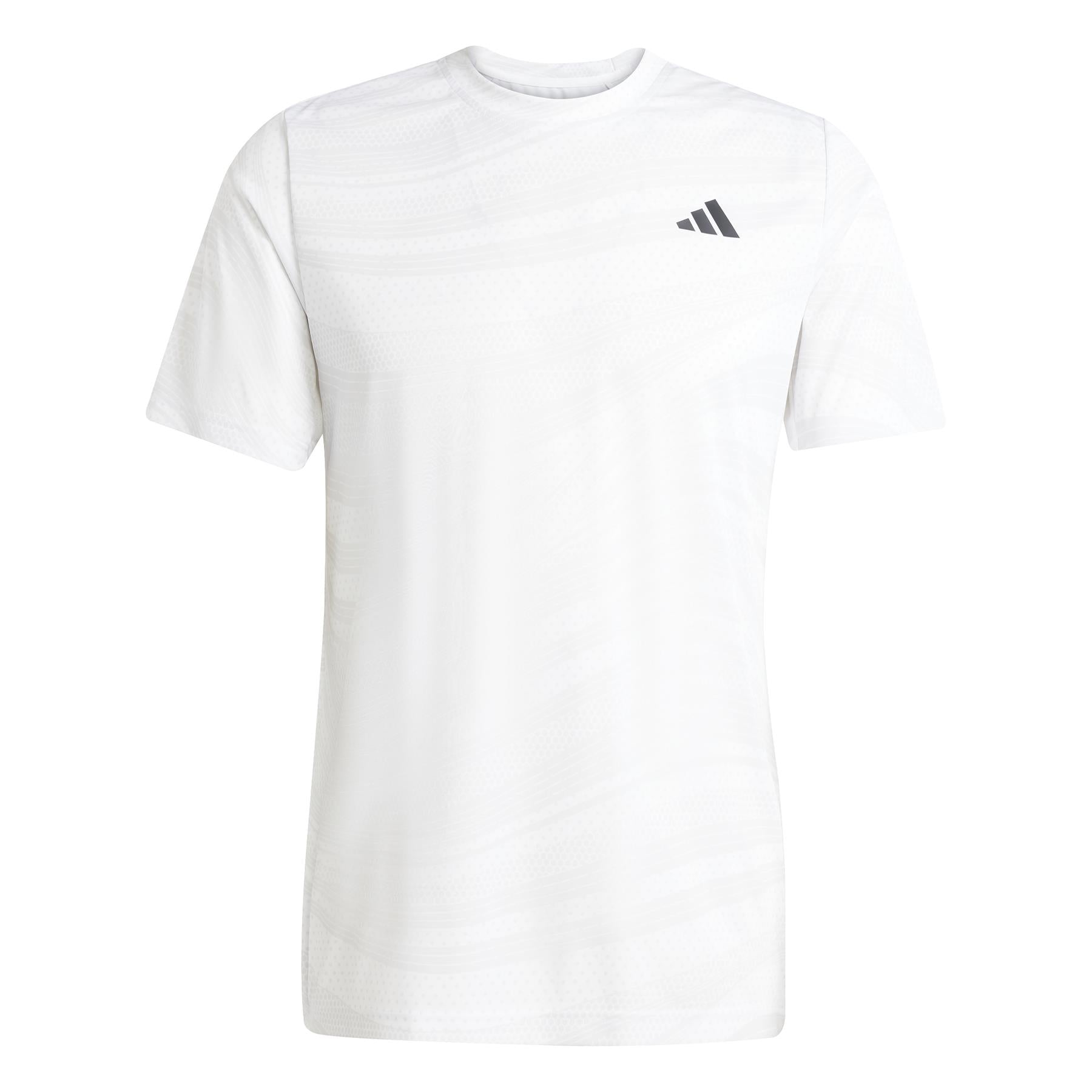 The ADIDAS Men's Club Graphic Padel T-Shirt in white and grey incorporates AEROREADY technology for improved breathability. It sports a sleek athletic design with subtle patterns and a discreet black adidas logo on the left chest.