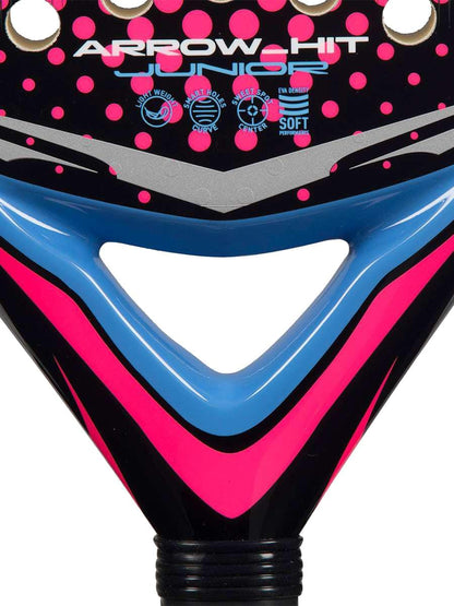Close-up of the adidas Arrow Hit Junior White / Pink Padel Racket—a lightweight junior racket with stylish pink, blue, and black geometric patterns, open triangular throat, and "ARROWHIT JUNIOR" feature icons.