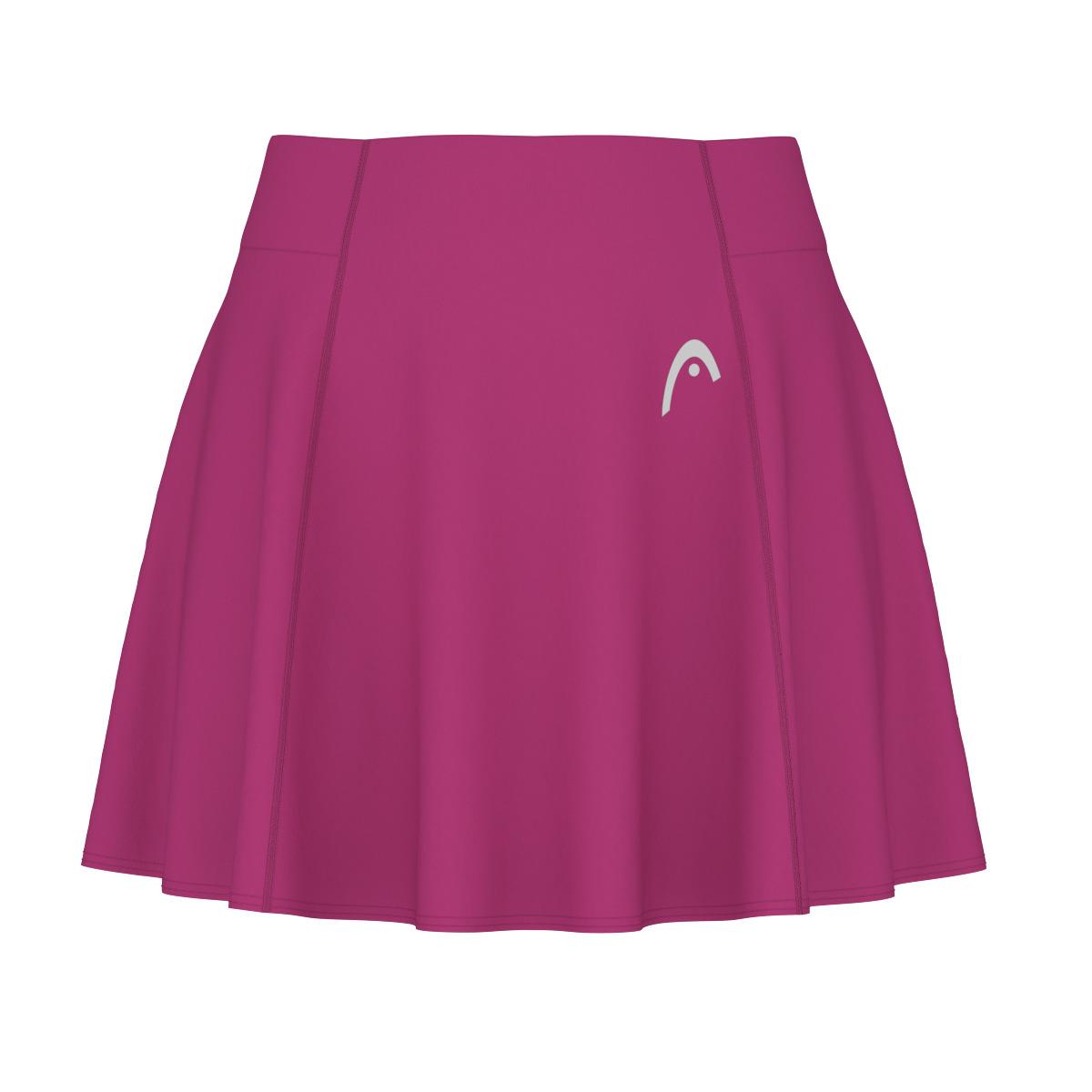 This Vivid Pink HEAD Performance Women's Padel Skort boasts a high waist and flared design, along with integrated inner shorts for enhanced comfort and mobility. It is adorned with a subtle white logo on the left side and crafted with Moisture Transfer Microfibre to keep you cool and dry.