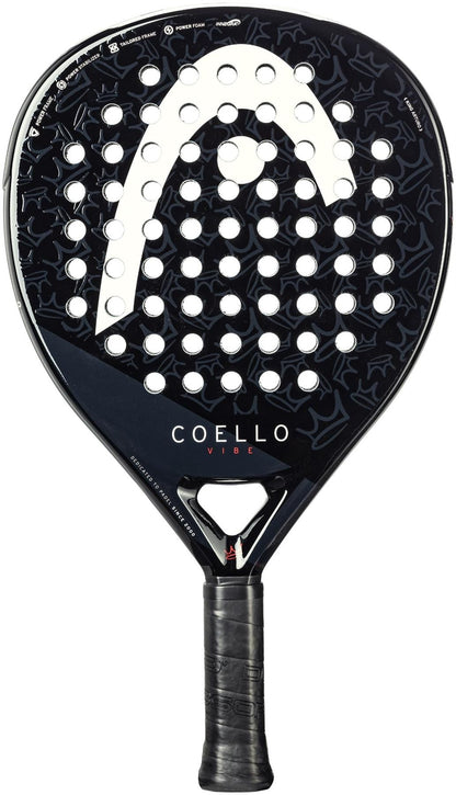 The HEAD Coello Vibe 2025 Padel Racket - Black features a textured surface, multiple round holes, "HEAD" logo on top, and signature "COELLO VIBE" above the handle wrapped in black grip tape.