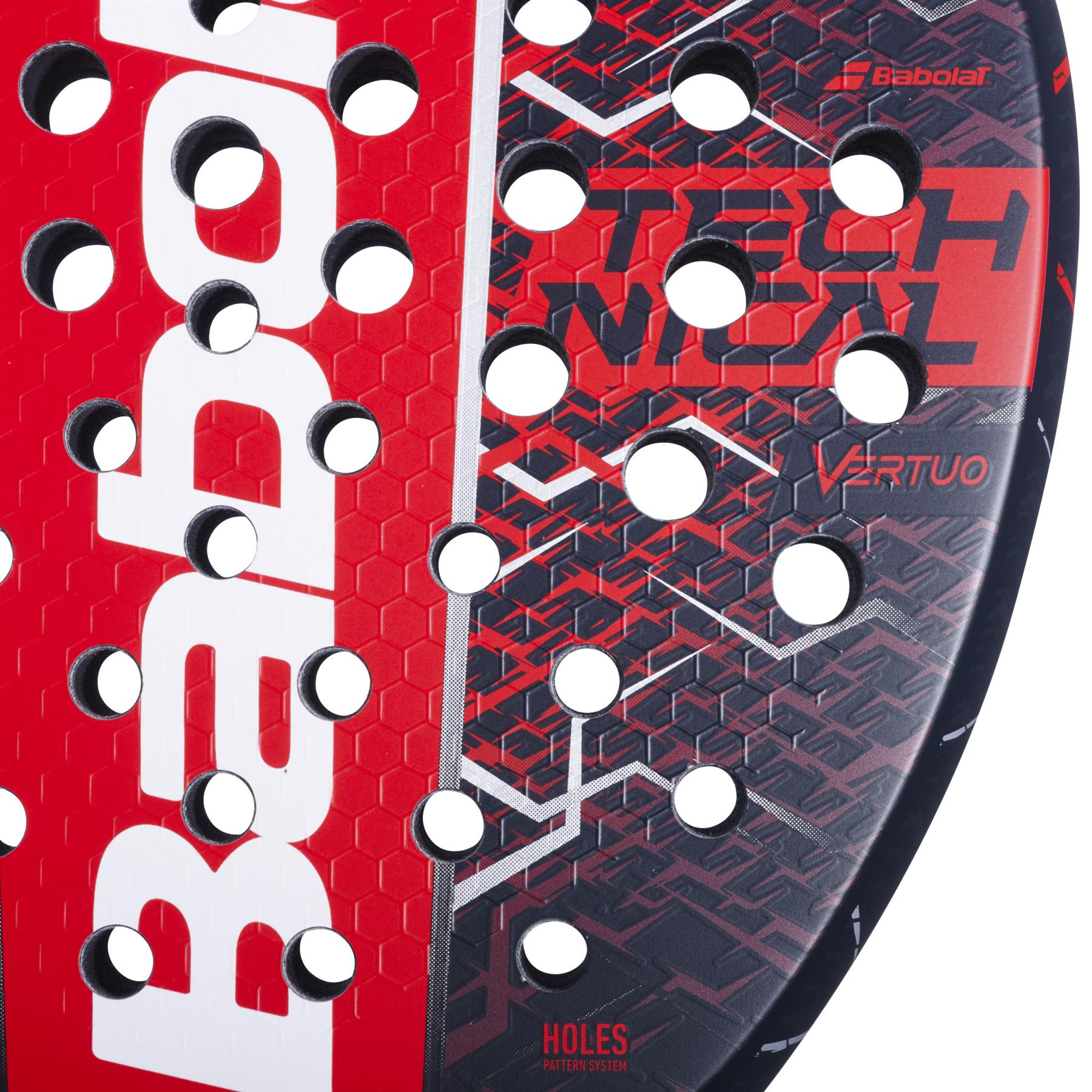 Close-up of the Babolat Technical Vertuo 2.5 Padel Racket in red and black, featuring a honeycomb pattern with circular holes and "Technical Vertuo" on the surface—engineered by Babolat for comfort and powerful, easy play.