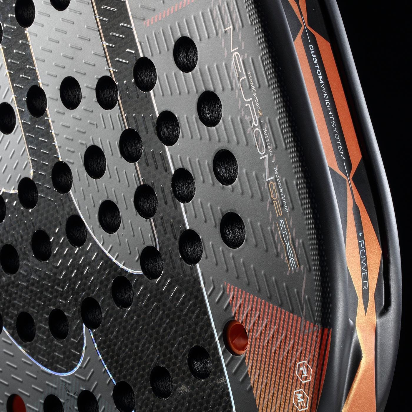 Close-up view of the Bullpadel Neuron 02 Edge 2026 Padel Racket in Black/Red, showing circular holes, textured surface, "NEURON 02 360g" and "CUSTOM WEIGHT SYSTEM" on the side, plus advanced PrismLock technology.