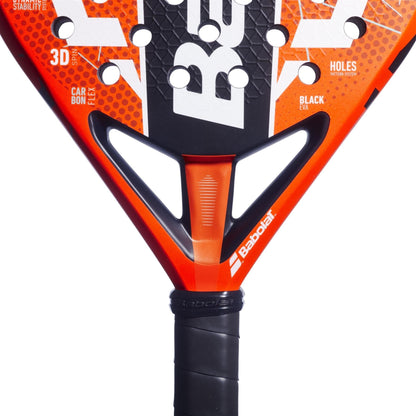 Close-up of the Babolat Veron Juan Lebron 3.0 Padel Racket's throat and handle, highlighting its black grip, orange and black design, and clear Babolat branding on this high-performance racket.