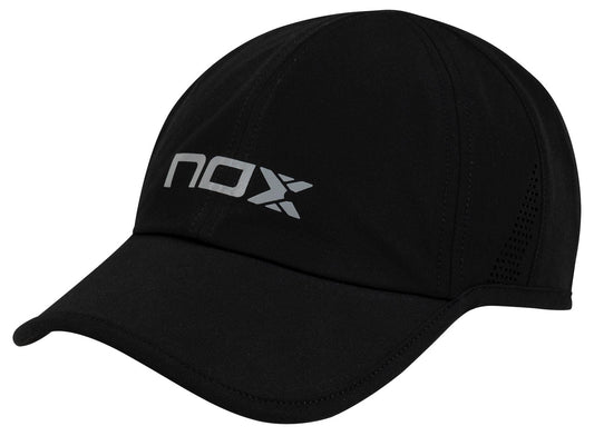 The NOX Padel Cap - Black / White by NOX features "nox" in white on the front, an adjustable fit, side ventilation holes, and a curved brim for sun protection.
