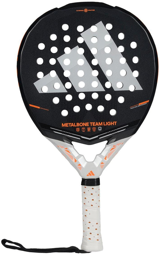 The adidas ADIDAS Metalbone Team Light 2026 Padel Racket - Black features a black and white design with orange accents, perforated round face, white grip with orange details, and adidas logo—perfect for advanced players wanting style and performance.