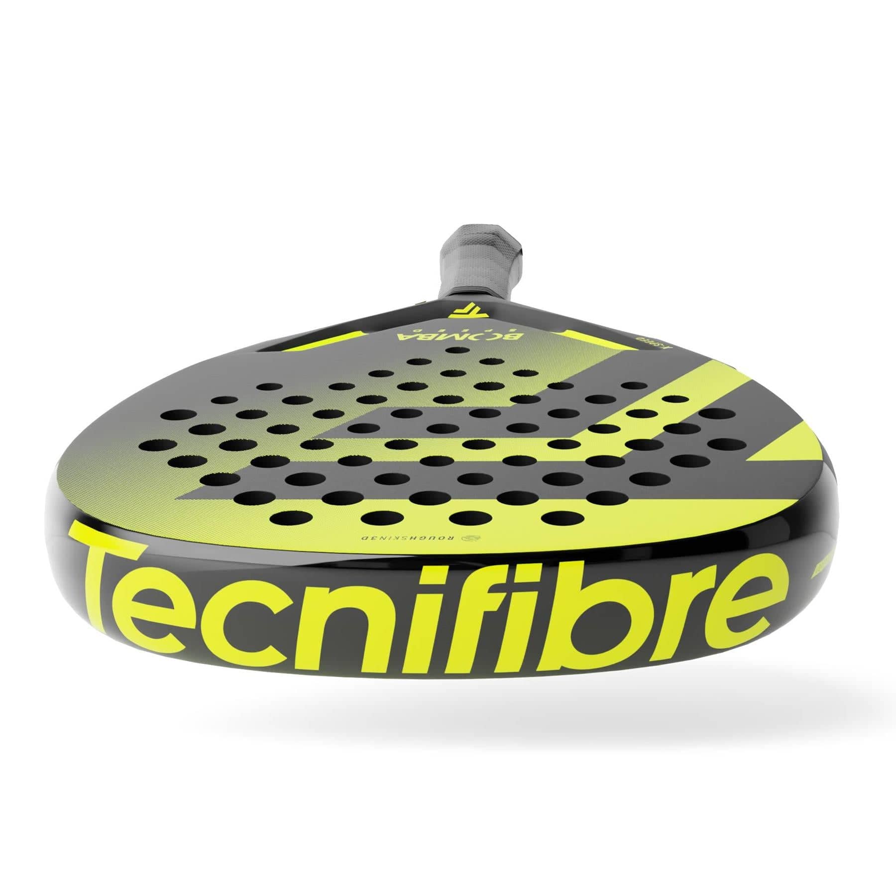 A close-up of the Tecnifibre Bomba Speed Padel Racket shows its black and yellow design, the "Tecnifibre" brand name on the edge, and multiple holes on its soft foam face.