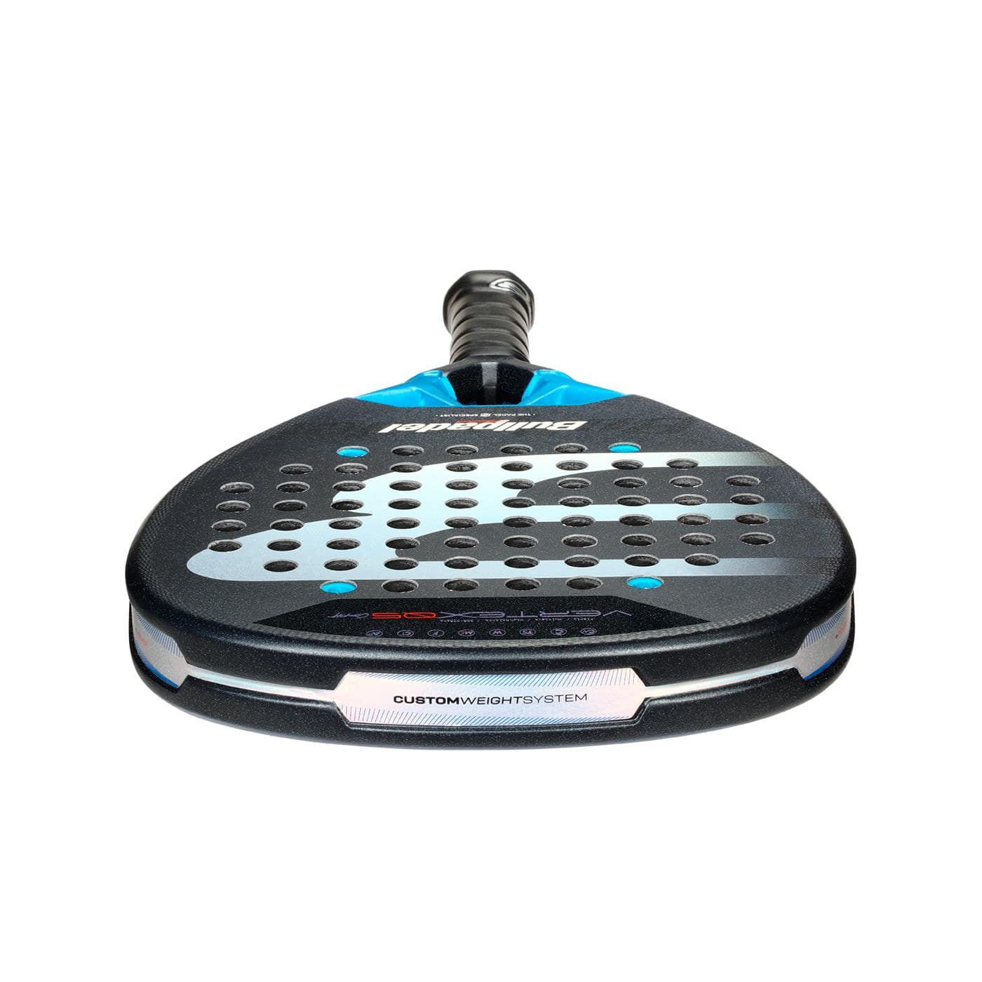 The Bullpadel Vertex 05 Comfort 2026 Padel Racket in black and blue features a perforated face, textured handle grip, "CUSTOM WEIGHT SYSTEM" label at the base, and is made from durable Fibrix fibre, shown on a white background.