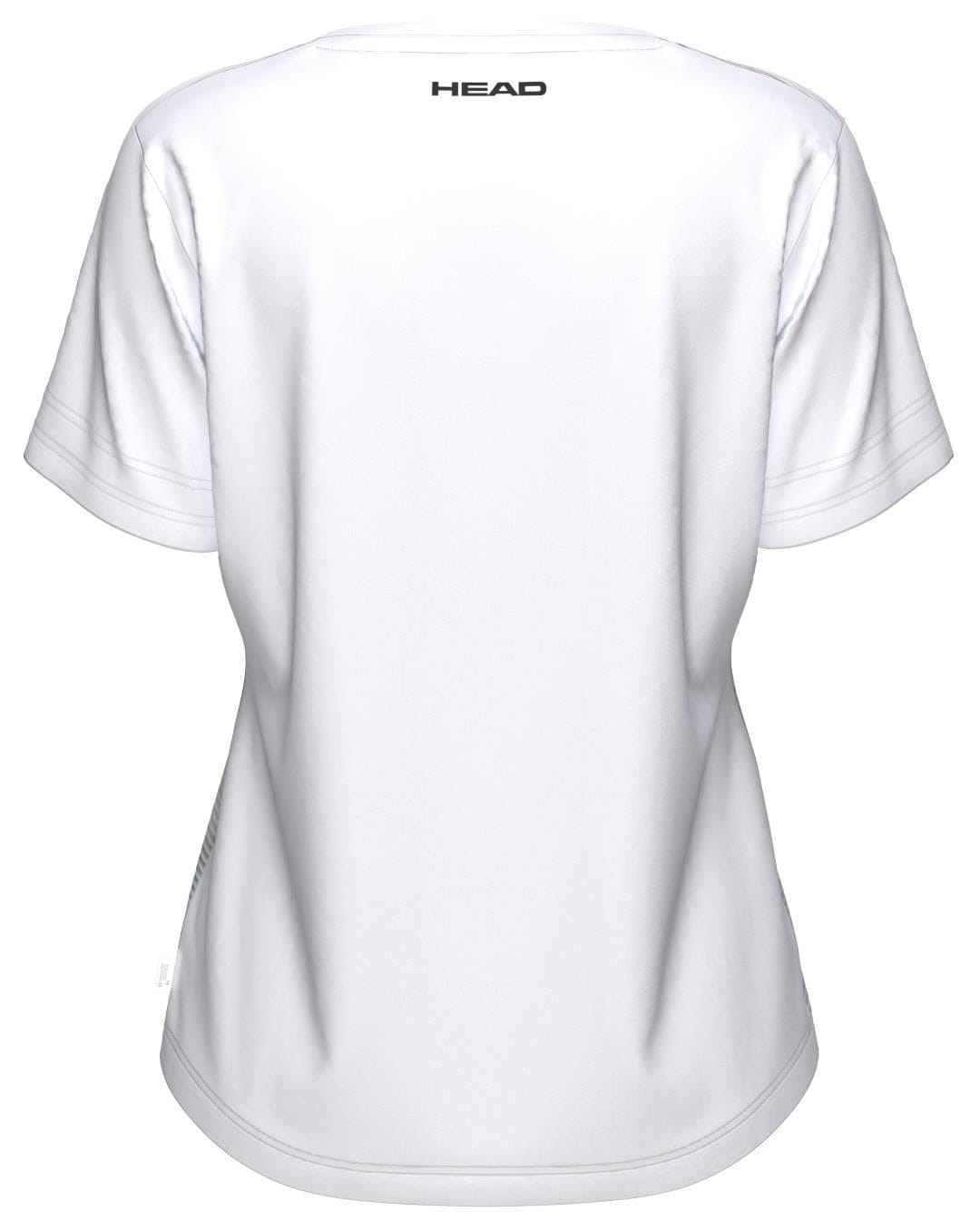 The HEAD Tie-Break II Womens Padel T-Shirt - LBXW is a plain white women’s tee viewed from the back with moisture-wicking fabric and "HEAD" printed near the collar—a quality piece from HEAD.