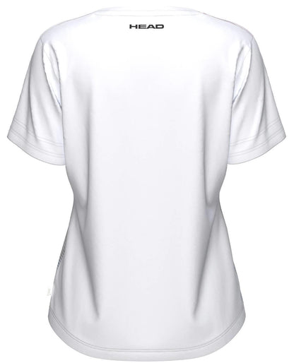 The HEAD Tie-Break II Womens Padel T-Shirt - LBXW is a plain white women’s tee viewed from the back with moisture-wicking fabric and "HEAD" printed near the collar—a quality piece from HEAD.