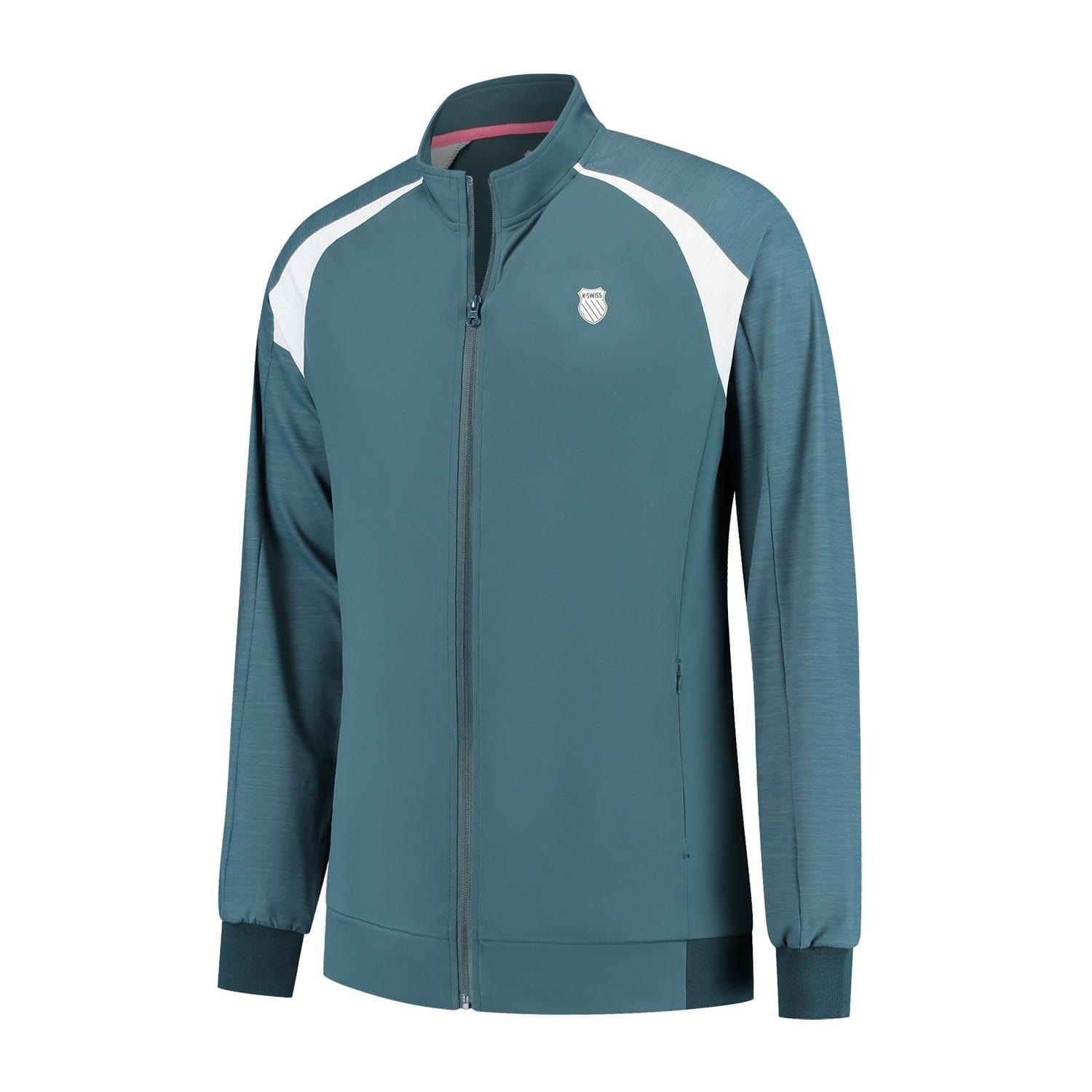 The K-Swiss Hypercourt Men's Padel Tracksuit Jacket 7 in Stargazer/White is a teal, full-zip, lightweight jacket with white shoulder accents and a small emblem on the left chest. It features long sleeves, a high collar, and ribbed cuffs, making it ideal for casual wear and sports activities.