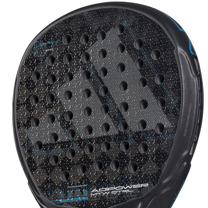 The adidas ADIDAS Adipower Multiweight CTRL 3.4 padel racket, black with blue accents, features a textured surface and small perforations. Favored by Álex Ruiz, it sports a subtle geometric design in gray shades.