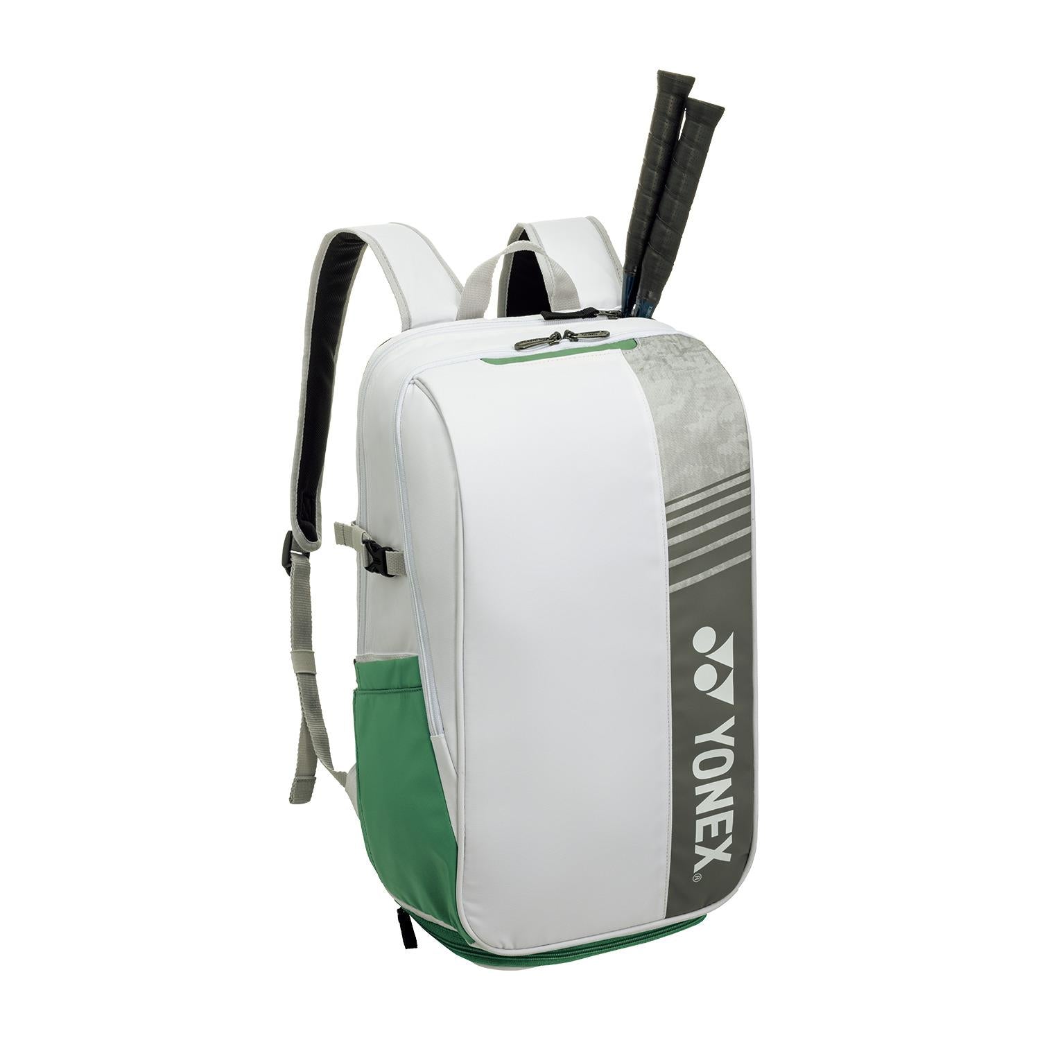 The Yonex 52512EX Club Padel Backpack features a stylish white design and durable polyester build, accommodating two rackets from the top. The side displays the Yonex logo, and padded shoulder straps ensure comfort.