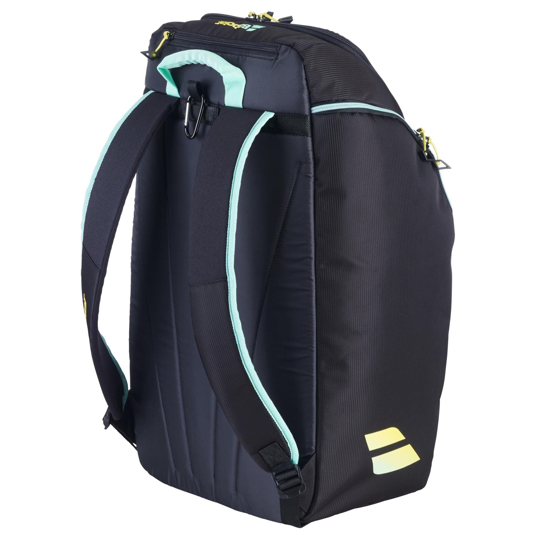 The Babolat RH Perf Padel 2nd Gen Backpack in Black/Multi features padded shoulder straps, yellow zipper pulls, and a small yellow logo on the lower side. The bag is shown from the back at an angle.