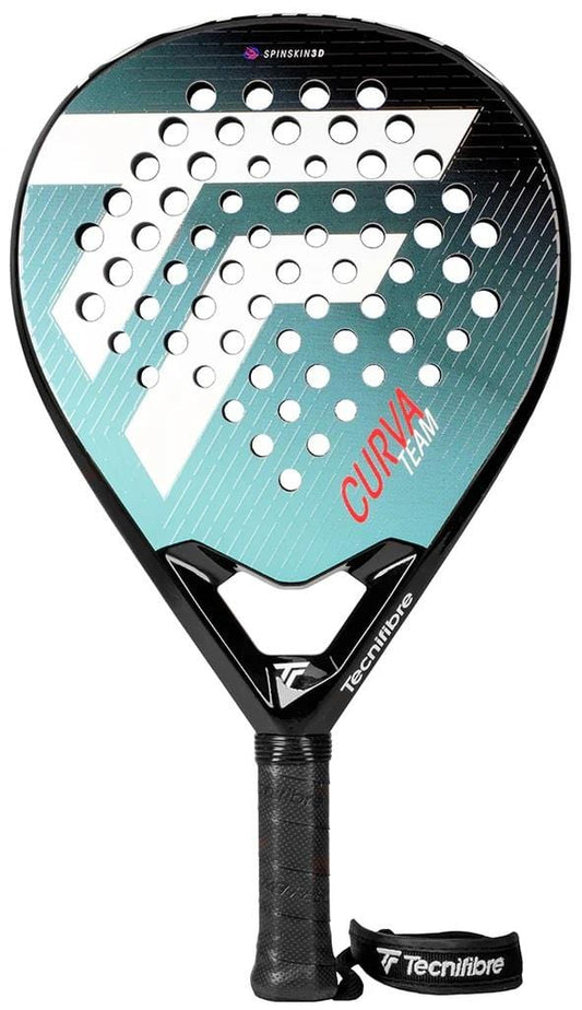 The Tecnifibre Curva Team Padel Racket - Black / Blue boasts Spin Skin 3D technology for control, circular holes, a black grip, and bold branding—combining Tecnifibre quality with standout blue and black style on any padel court.