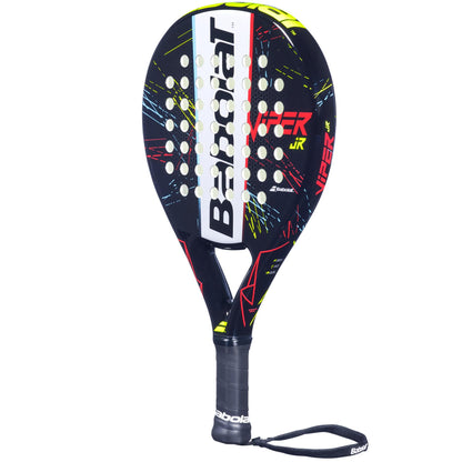 Introducing the Babolat Viper Junior Padel Racket in Black, crafted by Babolat. This stylish racket boasts a sleek black design highlighted with a striking white center stripe and enhanced by vibrant yellow and red accents. The word "Viper" is prominently showcased in red. Perfectly suited for junior players, it includes a comfortable black grip and a secure wrist strap for added stability.