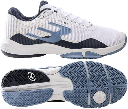The Bullpadel Hybrid Fly 26V Men's Padel Shoes in white feature blue and navy accents, a striking side "B" logo, and a hybrid outsole shown in textured blue and gray.