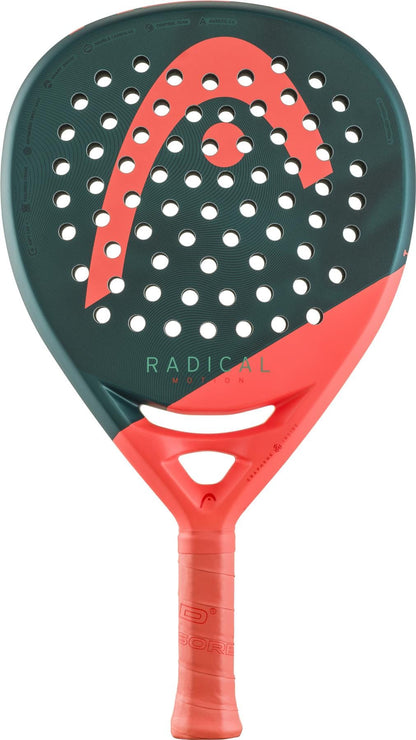 The HEAD Radical Motion 2026 Padel Racket by HEAD features a dark green and orange design, perforated circular holes, and "RADICAL" on the face. This advanced, lightweight padel racket is engineered for dynamic performance.