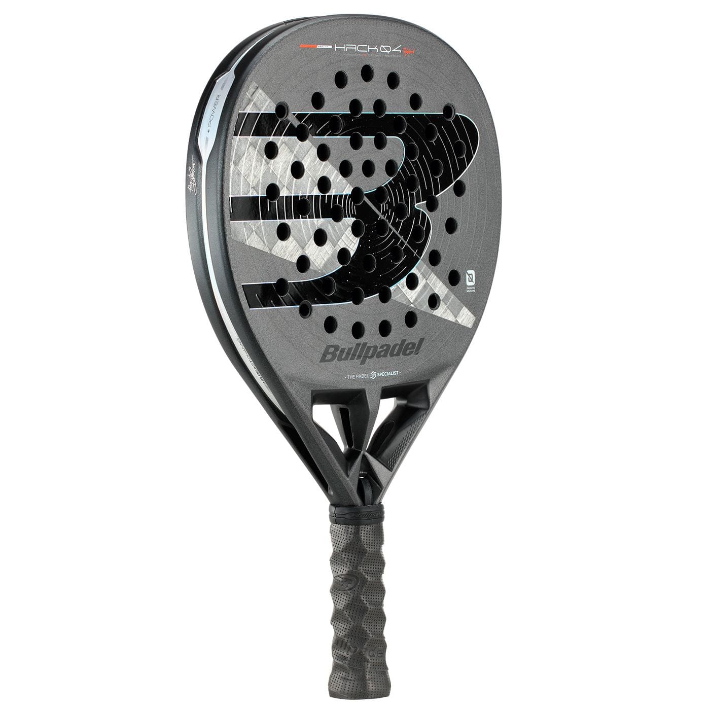 The Bullpadel HACK 04 Hybrid 2026 Padel Racket in grey and black, featuring a black "BP" logo, black grip, and round holes for dynamic power, is displayed upright against a white background. Brand: Bullpadel.