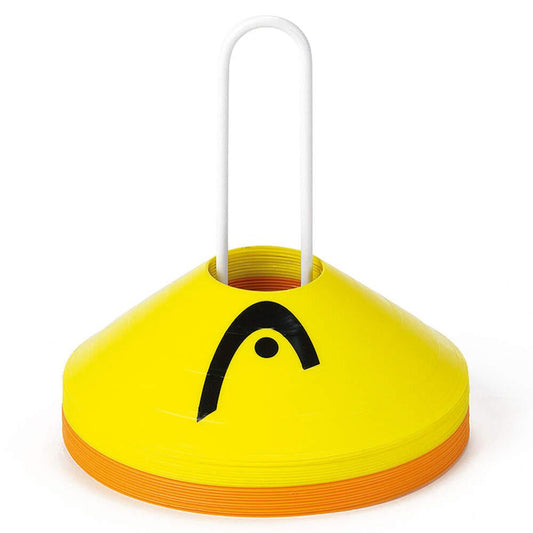 A stack of yellow and orange HEAD Dome Training Cones with a white handle, ideal for agility exercises and drills. The top cone displays a stylized black HEAD logo, adding a sleek touch to your training gear.