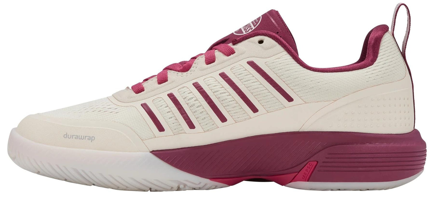 The K-Swiss Ultra Court Womens Padel Shoes in Jet Stream/Beaujois/Jazzy feature a cream and maroon design, textured white sole, maroon accents on the heel, tongue, and laces, diagonal side stripes, and "dura wrap" text near the toe.