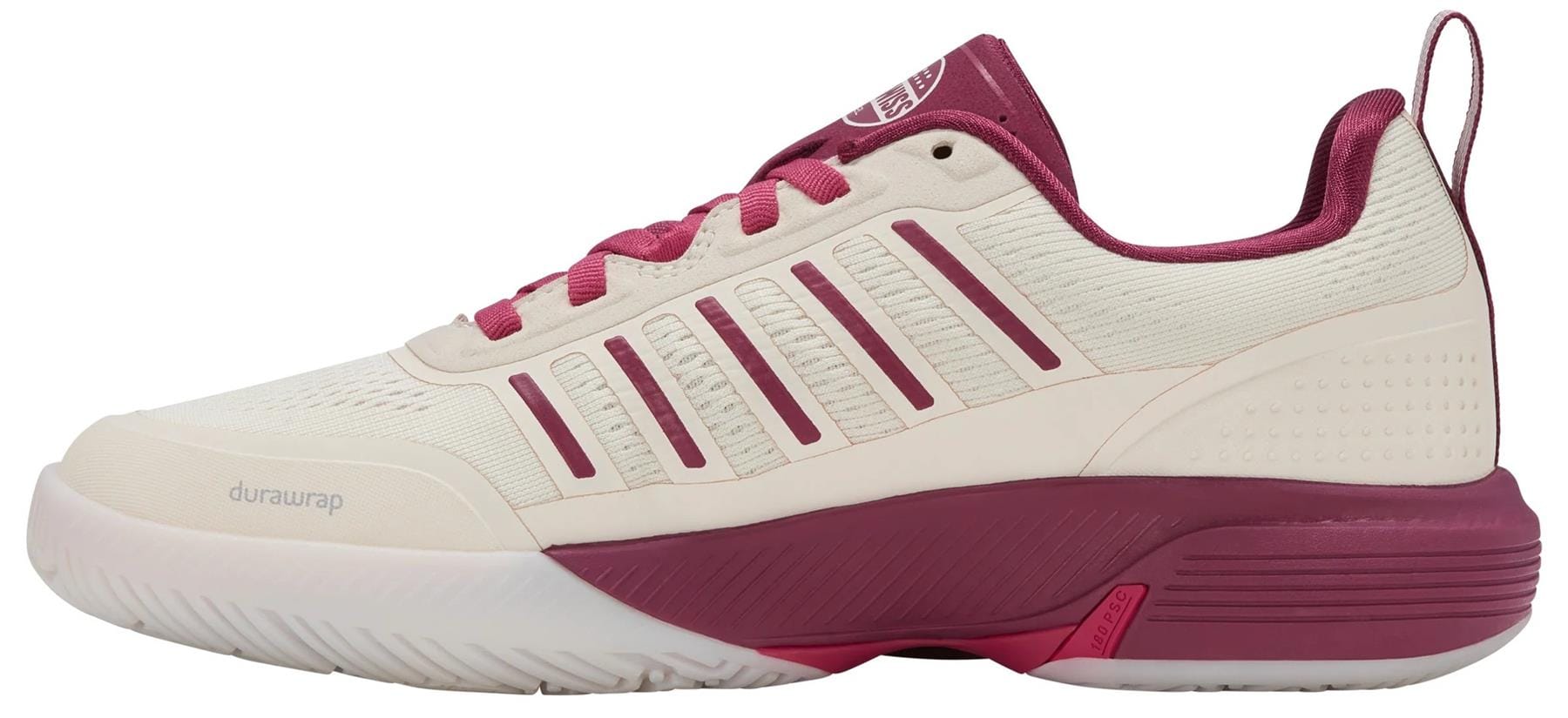 The K-Swiss Ultra Court Womens Padel Shoes in Jet Stream/Beaujois/Jazzy feature a cream and maroon design, textured white sole, maroon accents on the heel, tongue, and laces, diagonal side stripes, and "dura wrap" text near the toe.