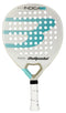 Explore the Bullpadel Indiga W 2025 Padel Racket in white, an ultralight racket with a stylish design featuring a round shape, multiple holes, iconic logo, and a short handle with a white grip—ideal for players desiring both style and performance on the court.