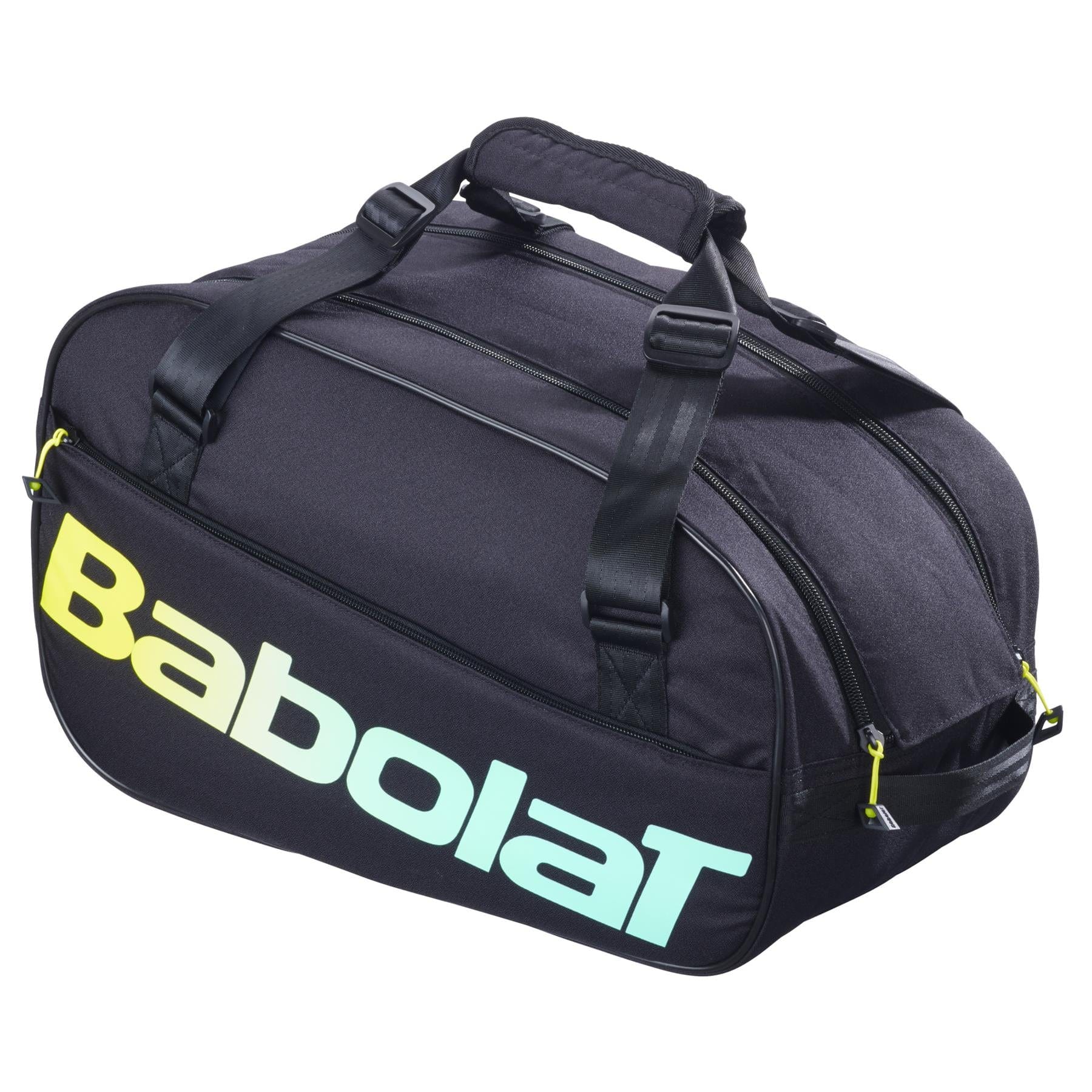 The Babolat Court S Padel Racket Bag - Black / Multi features sturdy handles, zipper closures, and bold "Babolat" branding in yellow-green and light blue—ideal for carrying your padel gear.