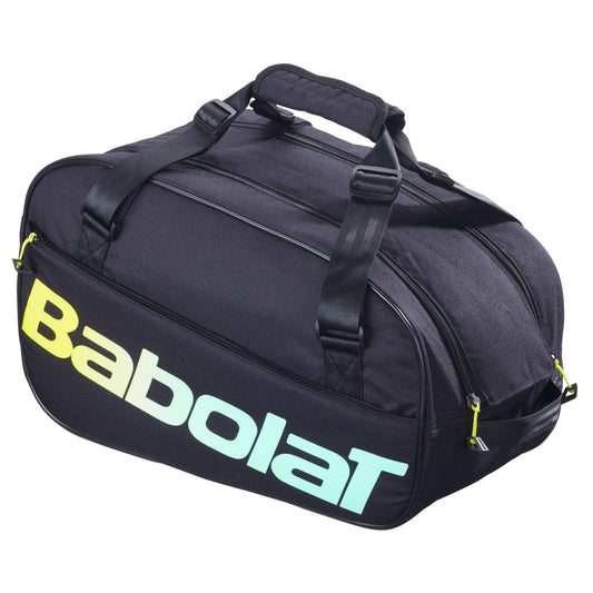 The Babolat Court S Padel Racket Bag - Black / Multi features sturdy handles, zipper closures, and bold "Babolat" branding in yellow-green and light blue—ideal for carrying your padel gear.