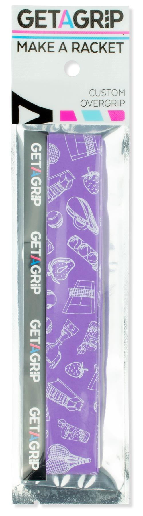 The Get a Grip Padel Overgrip - Ready? Play by Get A Grip comes packaged in clear and silver, showing its purple overgrip with white padel designs. Labeled "MAKE A RACKET.", it's a great gift for any padel fan.
