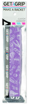 The Get a Grip Padel Overgrip - Ready? Play by Get A Grip comes packaged in clear and silver, showing its purple overgrip with white padel designs. Labeled "MAKE A RACKET.", it's a great gift for any padel fan.