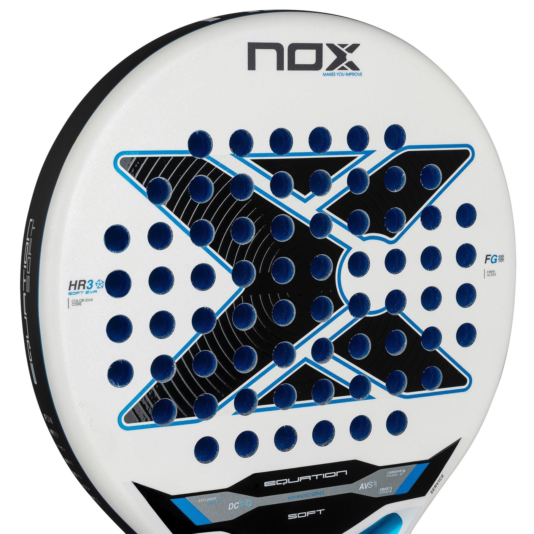 Close-up of the NOX Equation Soft Advanced 2026 Padel Racket by NOX, featuring a bold black and blue "X" design, multiple round holes, visible branding, and an anti-vibration system for added comfort on the padel court.
