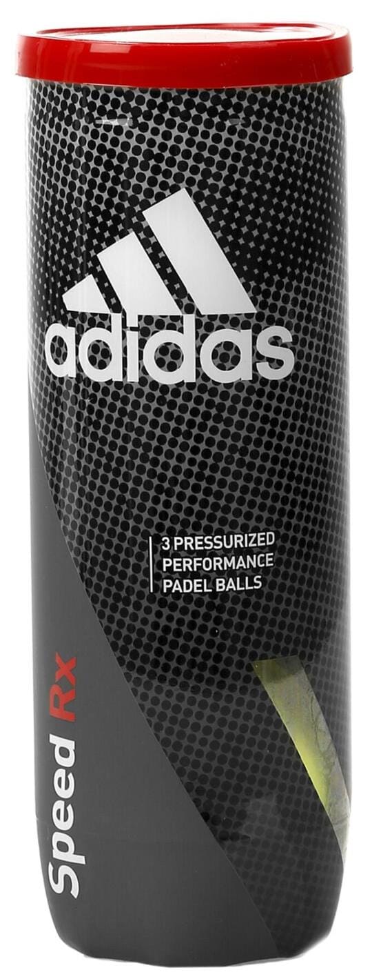 A black cylindrical tube of adidas Speed RX Padel Balls holds 3 pressurized high-performance balls, featuring a red lid and white adidas logo—ideal for top-level padel play.